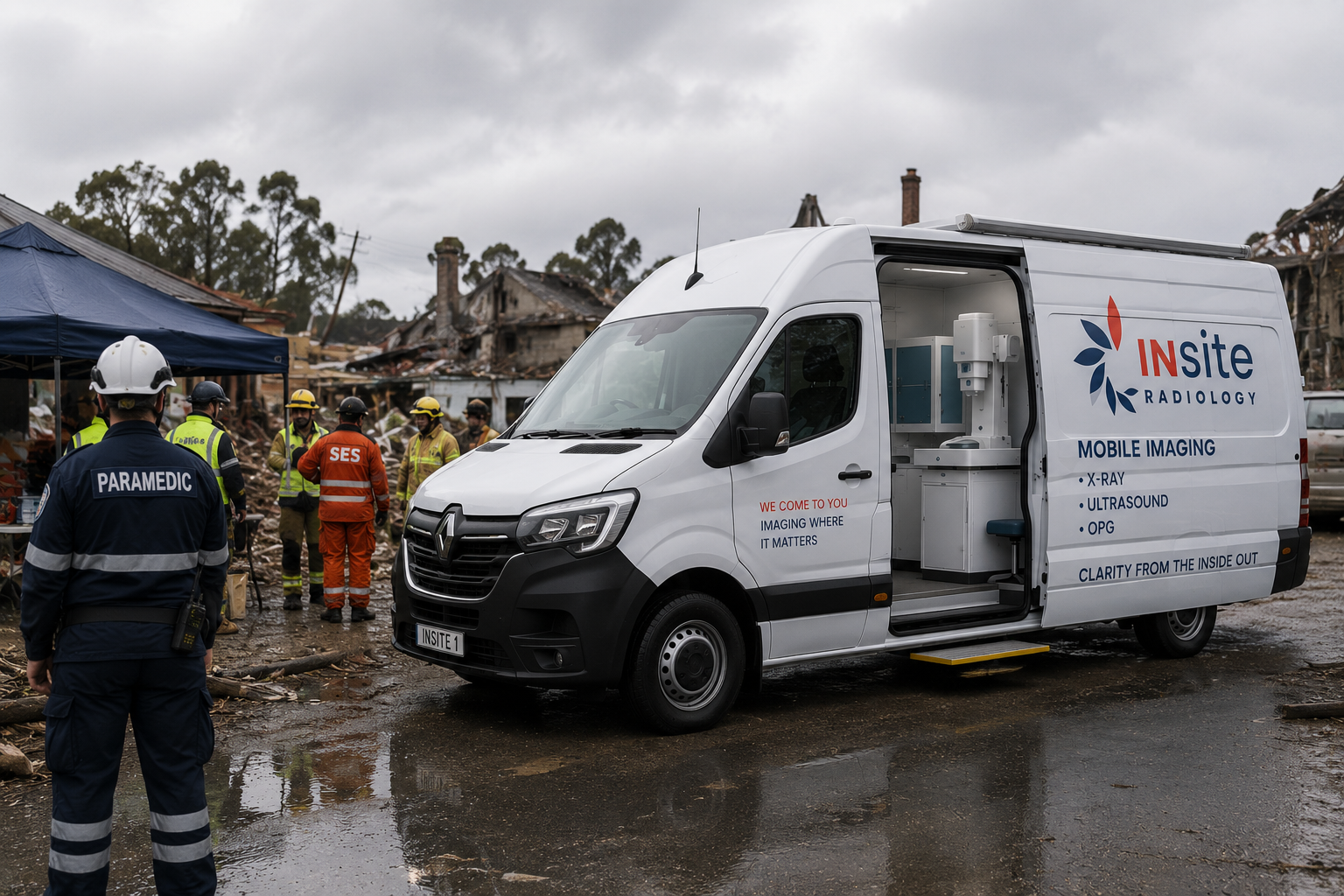 Insite Radiology X-ray van deployed at a disaster site alongside paramedics and SES crews