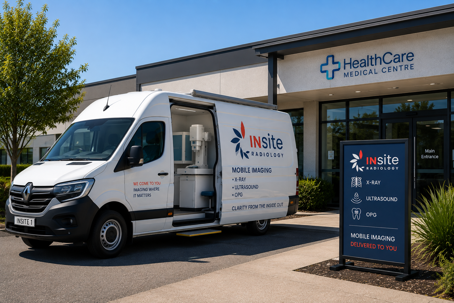 Insite Radiology X-ray van parked at a medical centre entrance with the side door open showing the imaging suite
